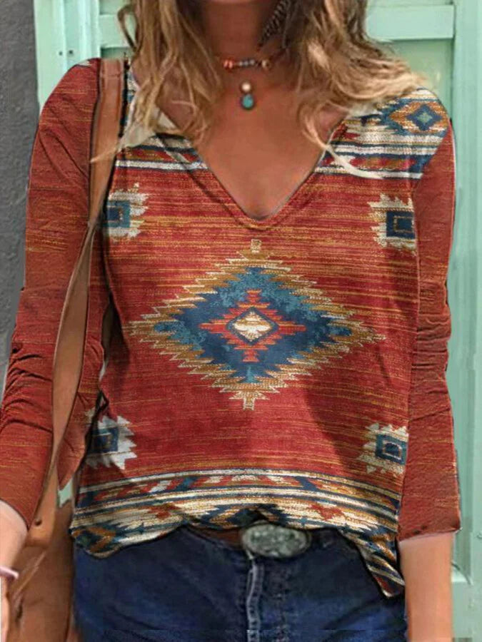 Women's Aztec Pattern Casual Long Sleeve T-Shirt.