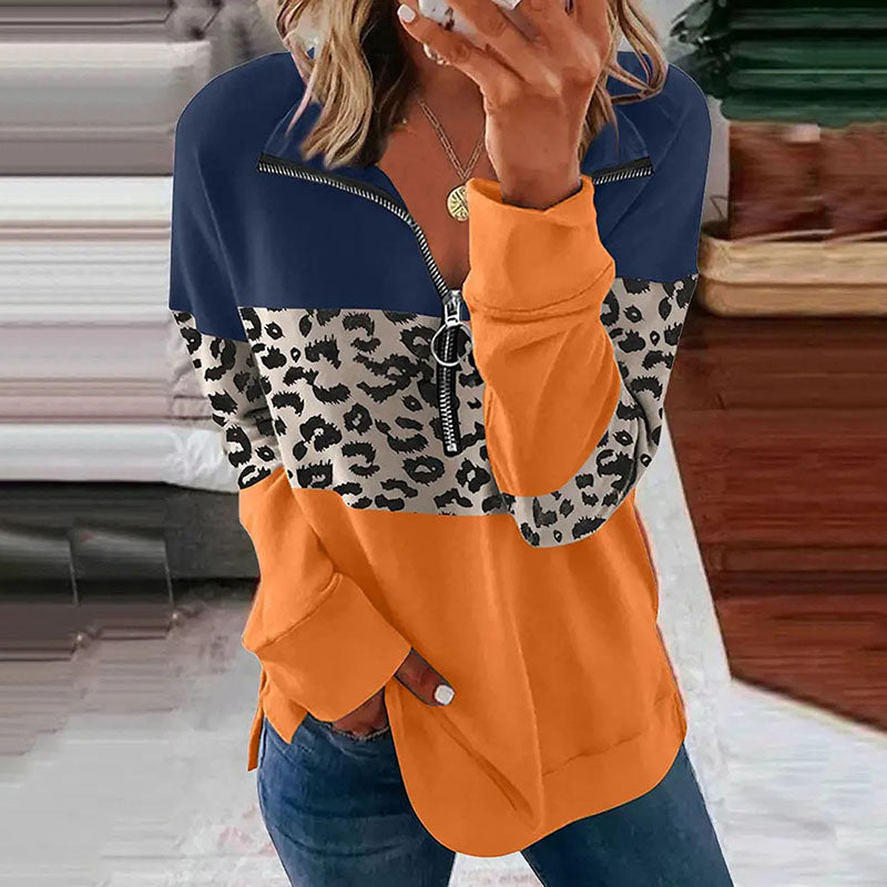 Leopard Panel V-Neck Long Sleeve Sweatshirt