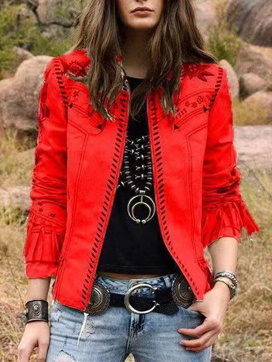 Vintage Western Style Long Sleeve Print Tassel Coat.