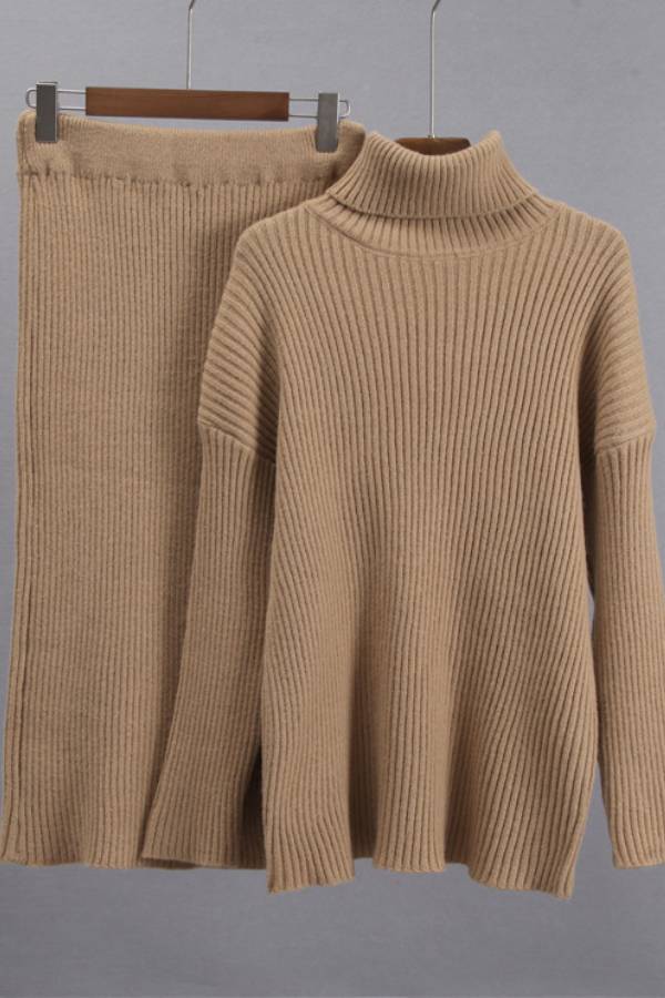 Turtleneck Ribbed Loose Sweater & Knit Midi Skirt Two‑Piece Set