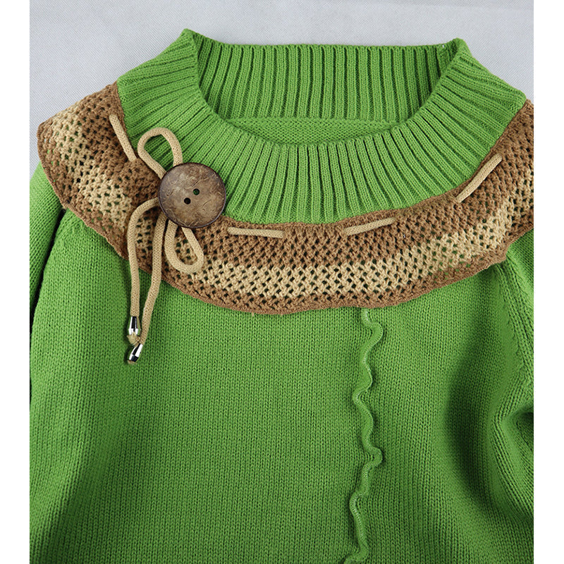 Wisherryy Fashion stitching round neck retro long-sleeved sweater