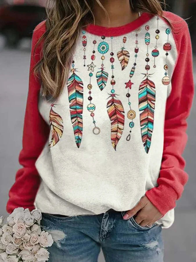 Women's ethnic feather print sweatshirt.