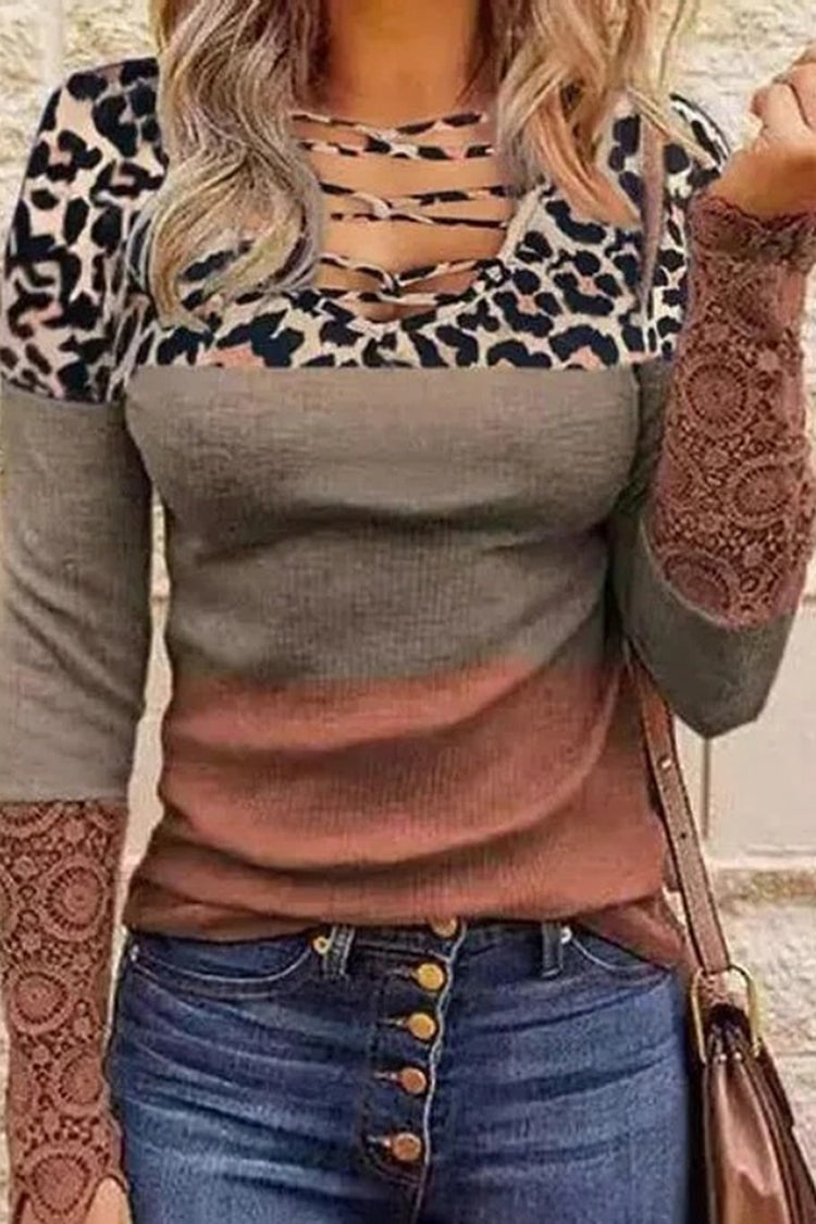 Leopard Print Lace Panel Striped Casual T-Shirt