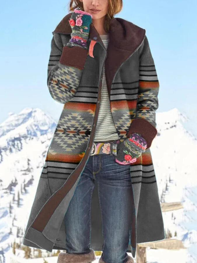 Women's retro ethnic print woolen coat.