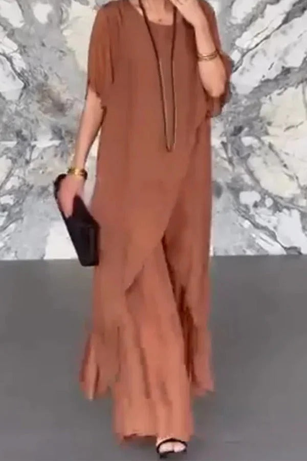 Solid Color Round Neck Irregular Loose Chiffon Top and Casual Wide-leg Pants Set