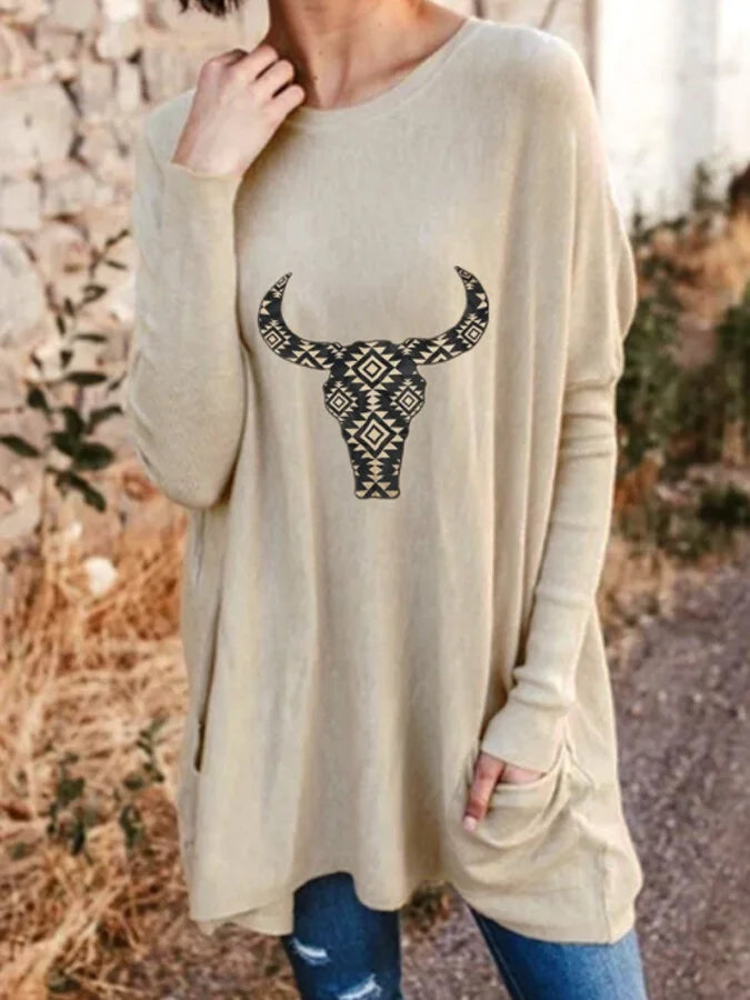 Women's Aztec Bull Skull Casual Long-Sleeved T-Shirt.