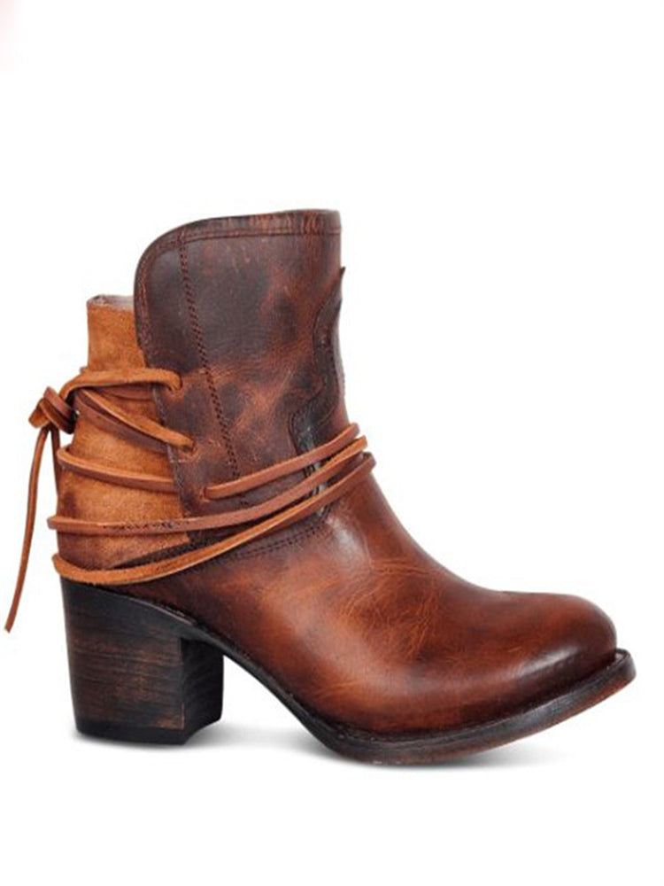 Wisherryy Laced Washed Leather Patchwork Ankle Boots