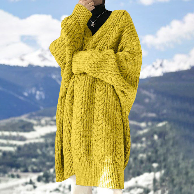 V-Neck Solid Color Mid-Length Sweater Cardigan