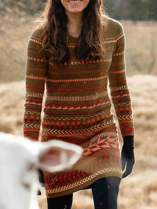 Retro Ethnic Striped Sweater Women's Round Neck Sweater.