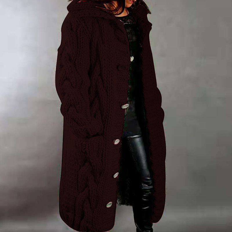 Hooded Solid Color Twist Thick Sweater Cardigan
