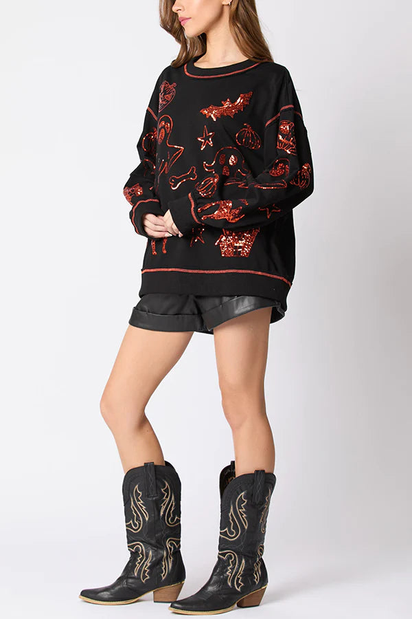 Halloween Graffiti Sequined Loose Casual Sweatshirt