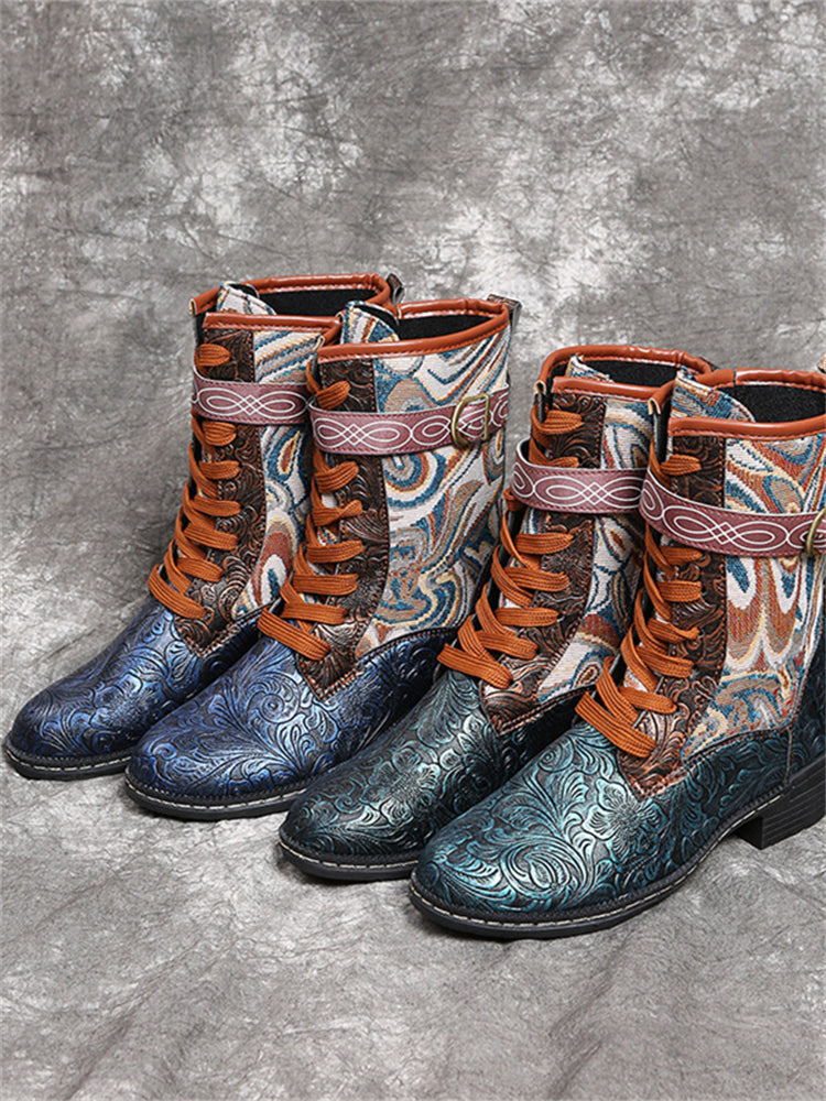Vintage Floral Carved Patchwork Ankle Boots