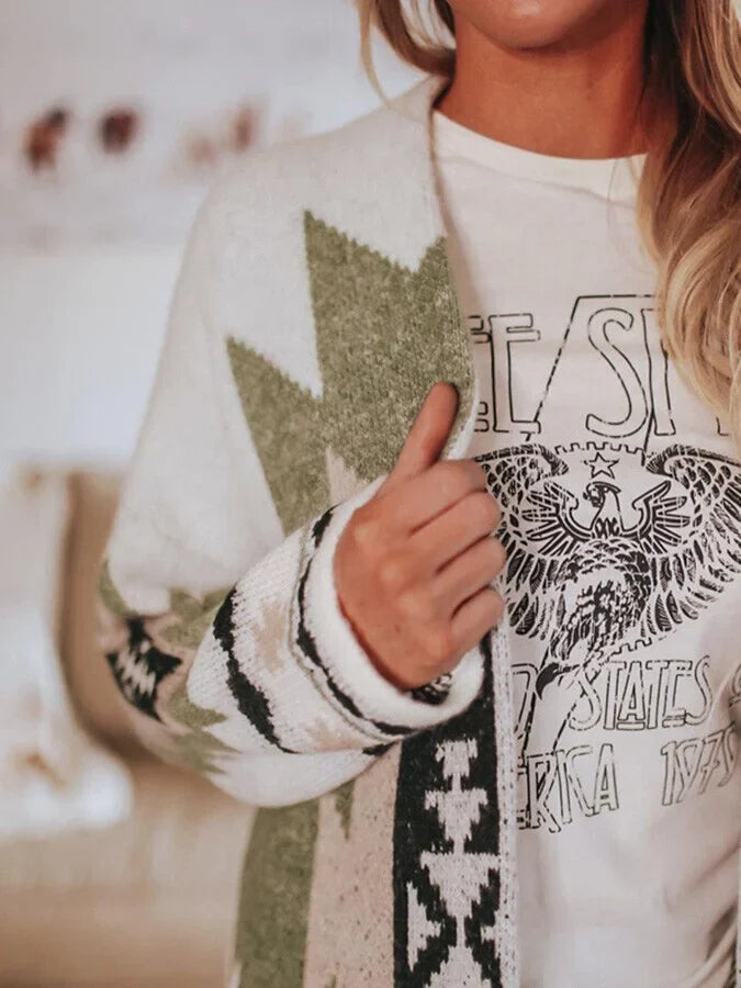 Mid-Length Jacquard Sweater Cardigan.