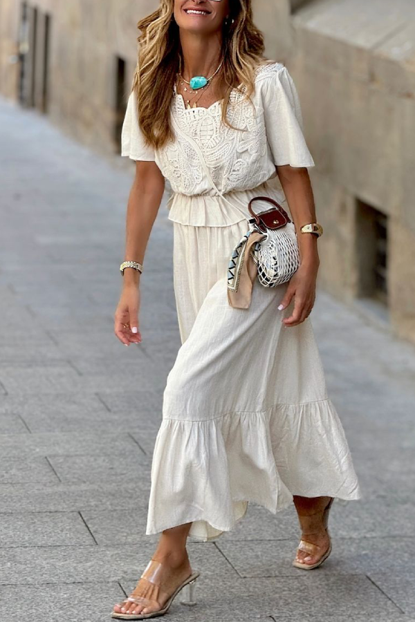 White Waisted Mid-length Sleeve Top and Loose Long Skirt Two-piece Set