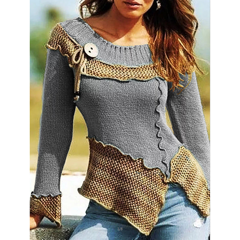 Wisherryy Fashion stitching round neck retro long-sleeved sweater