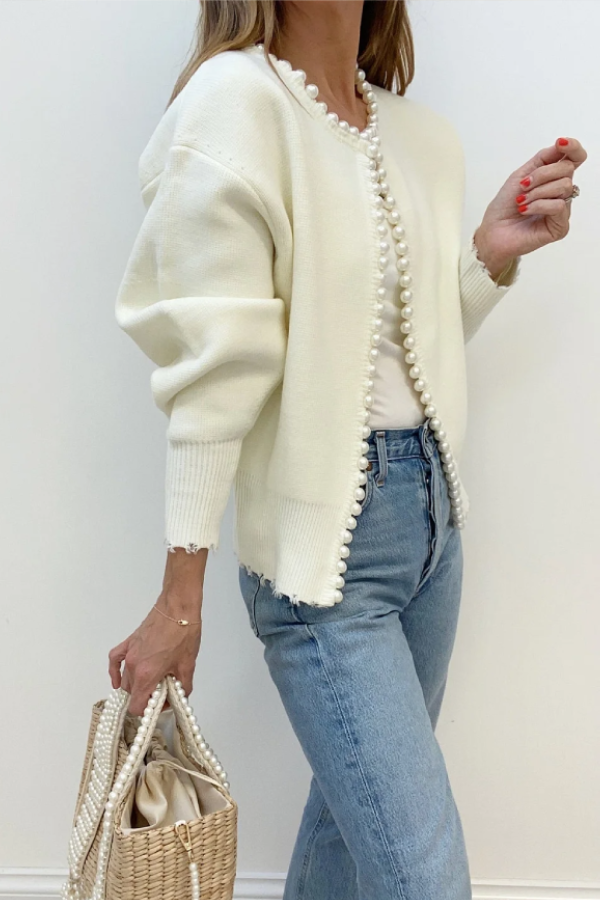 Pearl Trim Ripped Hem Cardigan