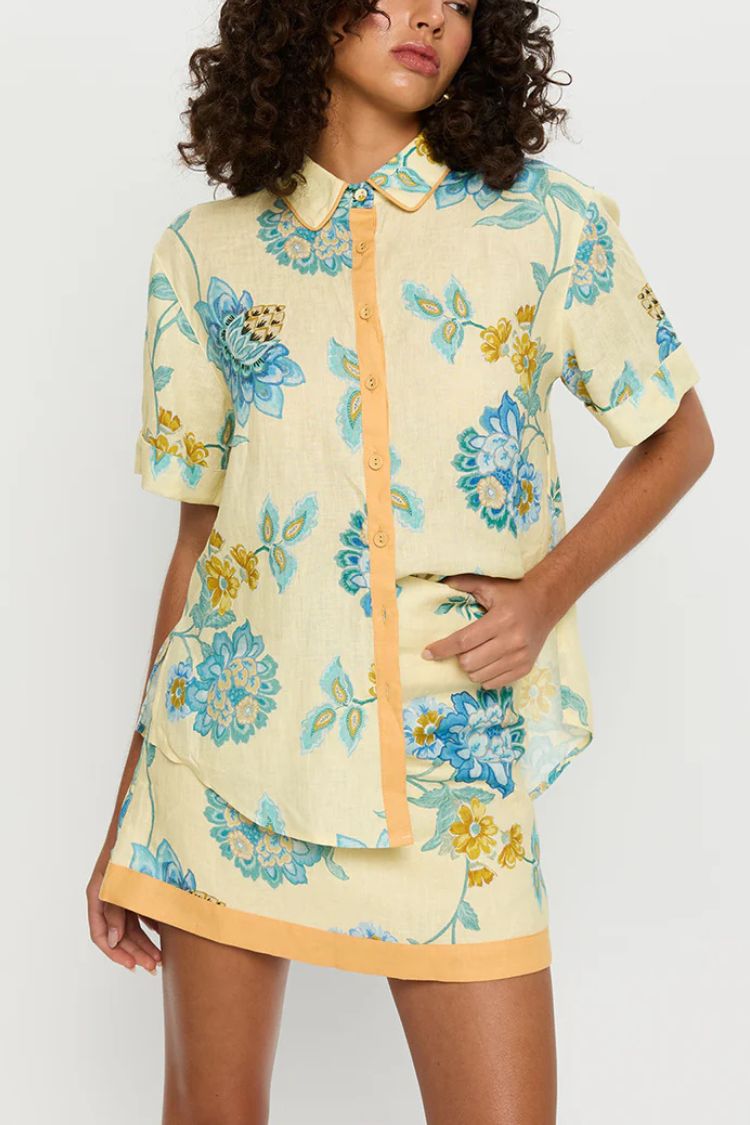 Giselle Linen Blend Floral Print Short Sleeve Shirt and Zipper Mini Skirt Set
