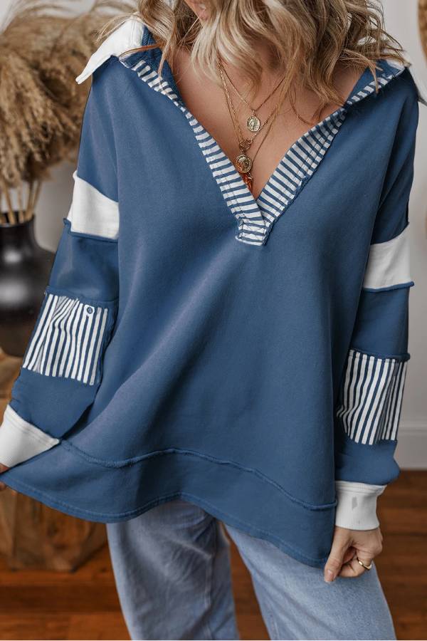Light French Beige Striped Patchwork Collar Sweatshirt