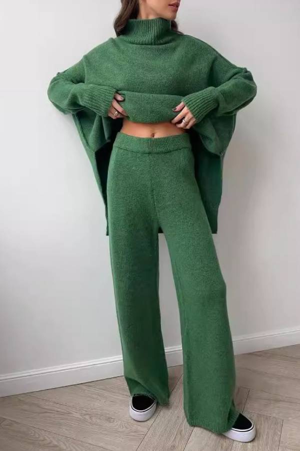 High-neck loose-fitting knit sweater and wide-leg pants two-piece set