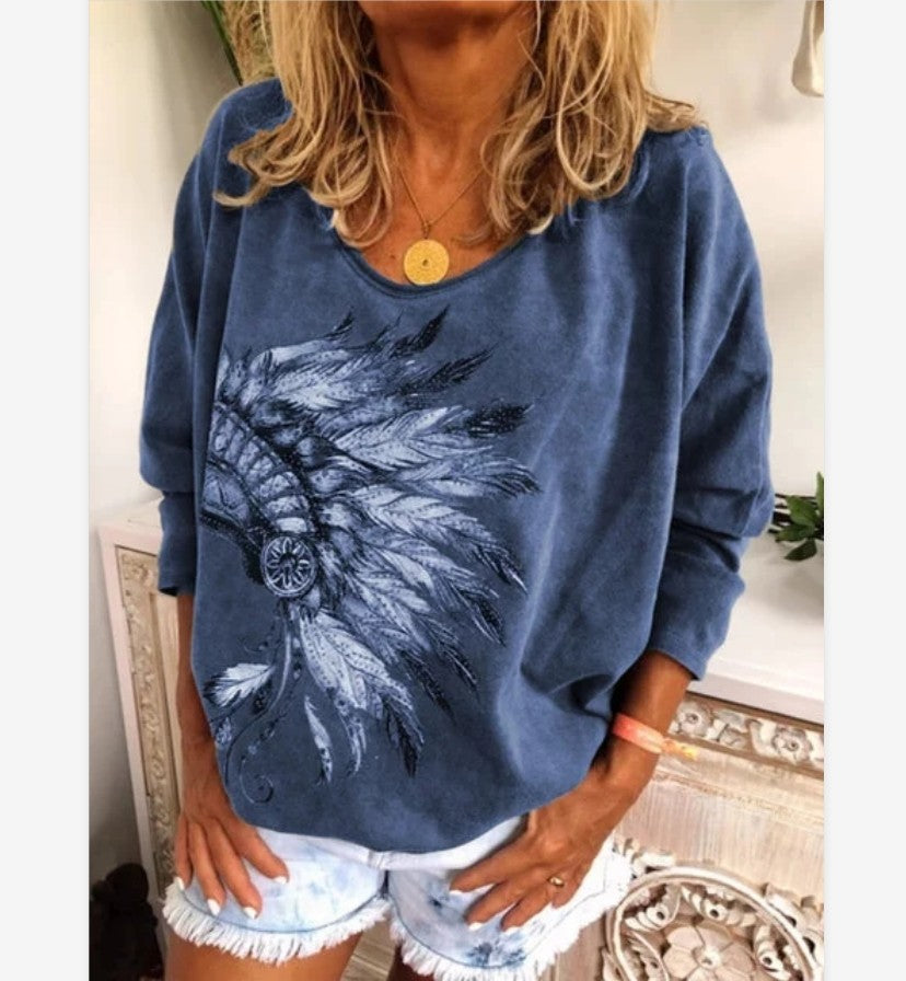 Wisherryy Printed  Long Sleeved Round Neck T-Shirt