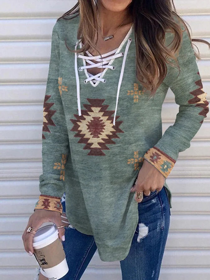 Women's Aztec Pattern Bandage Long Sleeve T-Shirt.