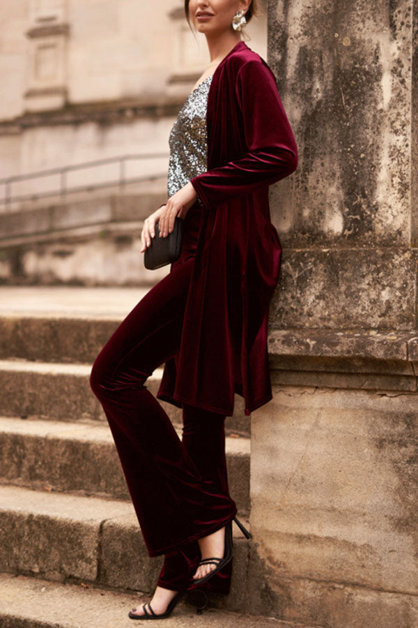 LUXE LADY VELVET LONG SLEEVE OPEN FRONT DRAPE MIDI KIMONO