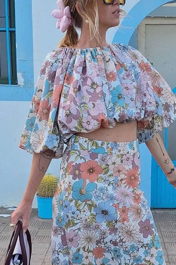 Holiday Floral Print Top & Skirt Two-Piece Set