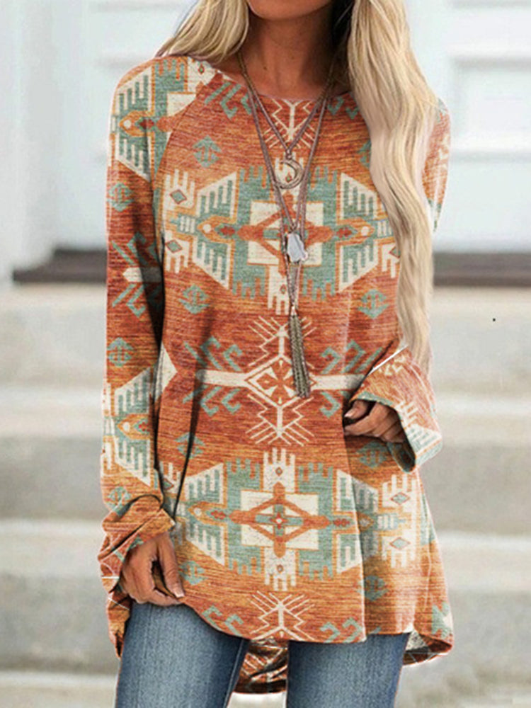 Vintage Western Print Crew Neck Tunic