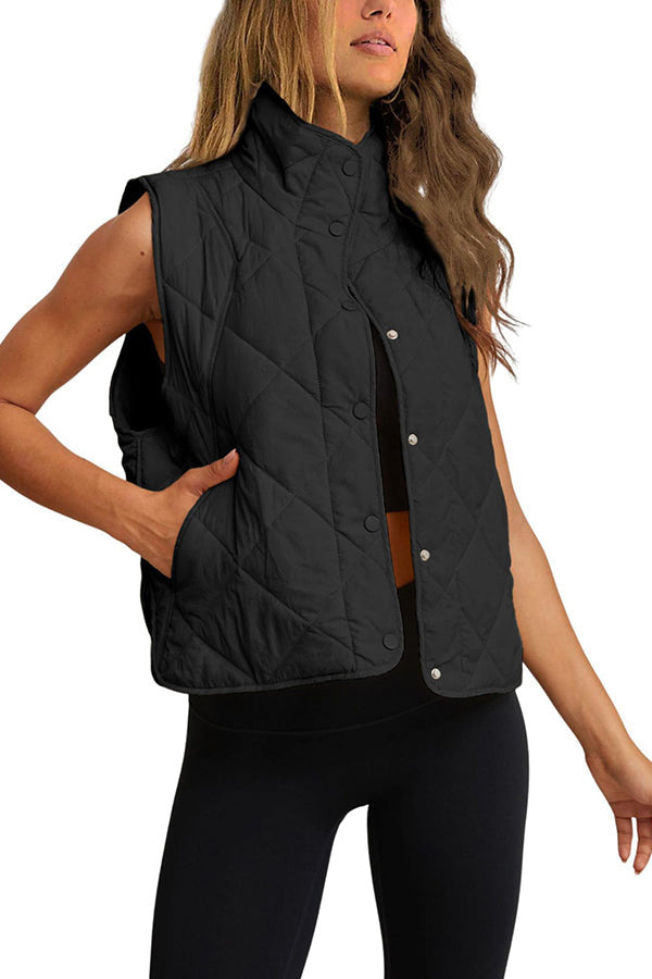 Quilted cotton stand-collar lightweight button-up vest