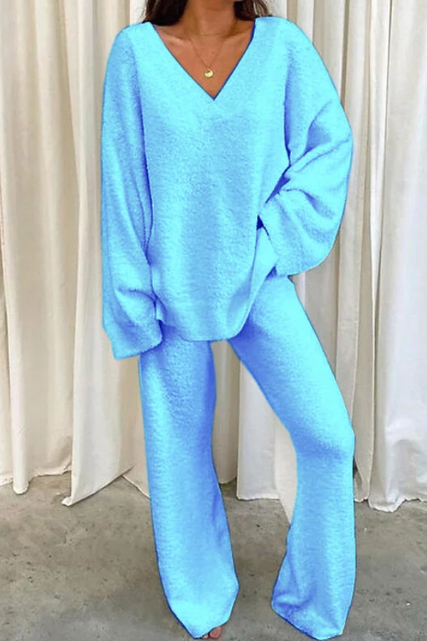 Comfortable Solid Color V-neck Daily Two-piece Set