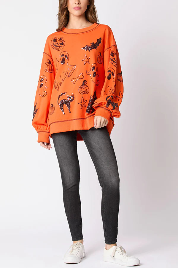 Halloween Graffiti Sequined Loose Casual Sweatshirt