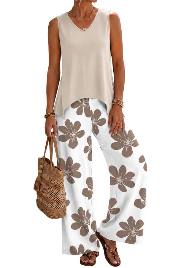V Neck Sleeveless Tank Leaf Print Wide Leg Pants 2 Piece Vacation Set