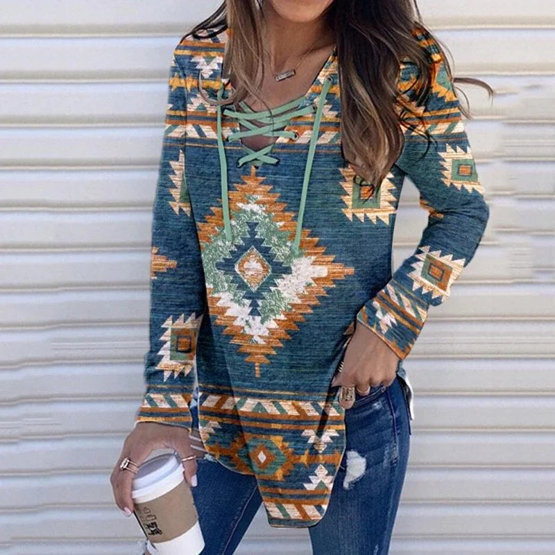 fashion printed long sleeve V-neck bandage Pullover