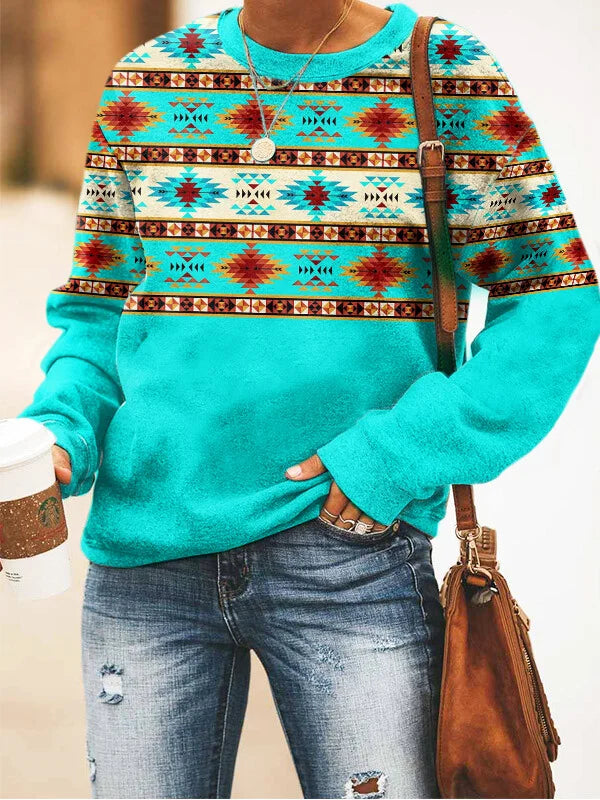 Women's western style aztec printed sweatshirt.