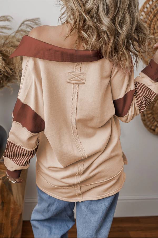 Light French Beige Striped Patchwork Collar Sweatshirt