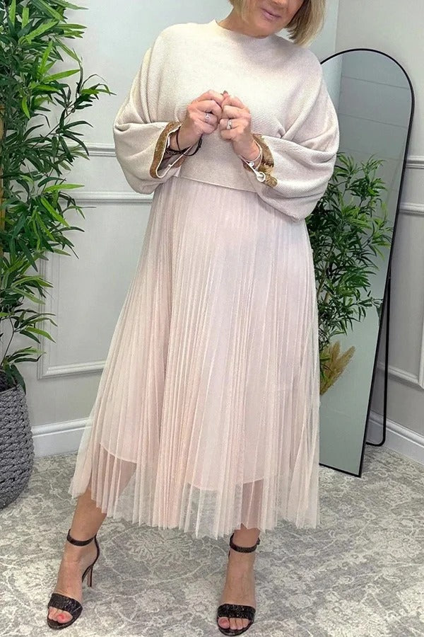 Fenna Ribbed Sequin Trim Batwing Sleeve Sweater and Pleated Tulle Stretch Tank Midi Dress Two-piece Set