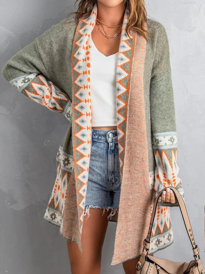 Women's ethnic style AZTEC printed loose knit cardigan.
