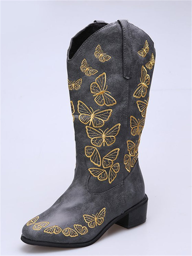 Butterflies Embroidered Wide Calf Boots