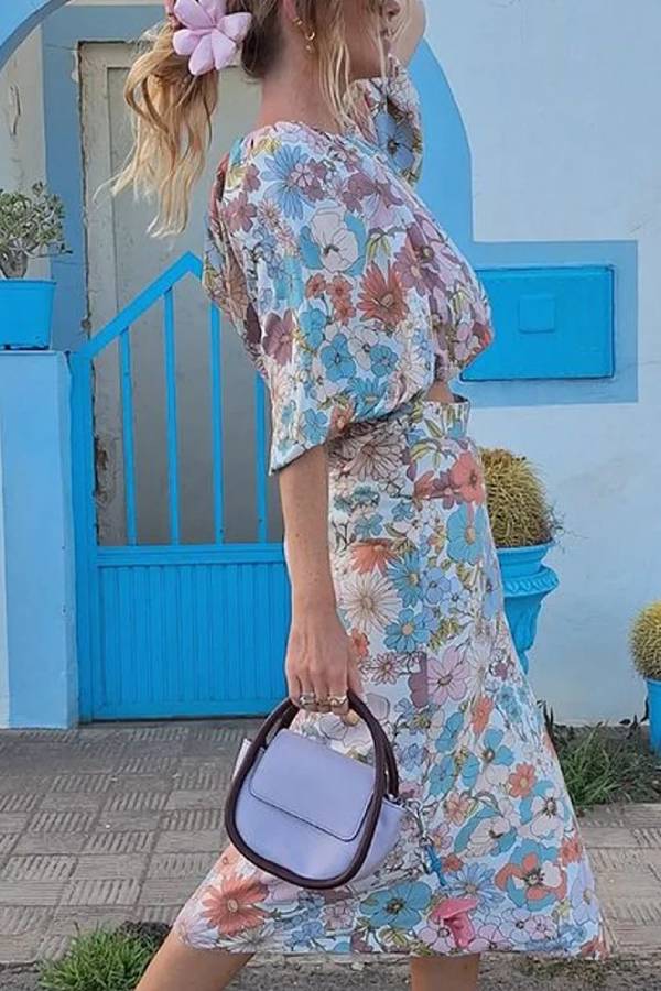 Holiday Floral Print Top & Skirt Two-Piece Set