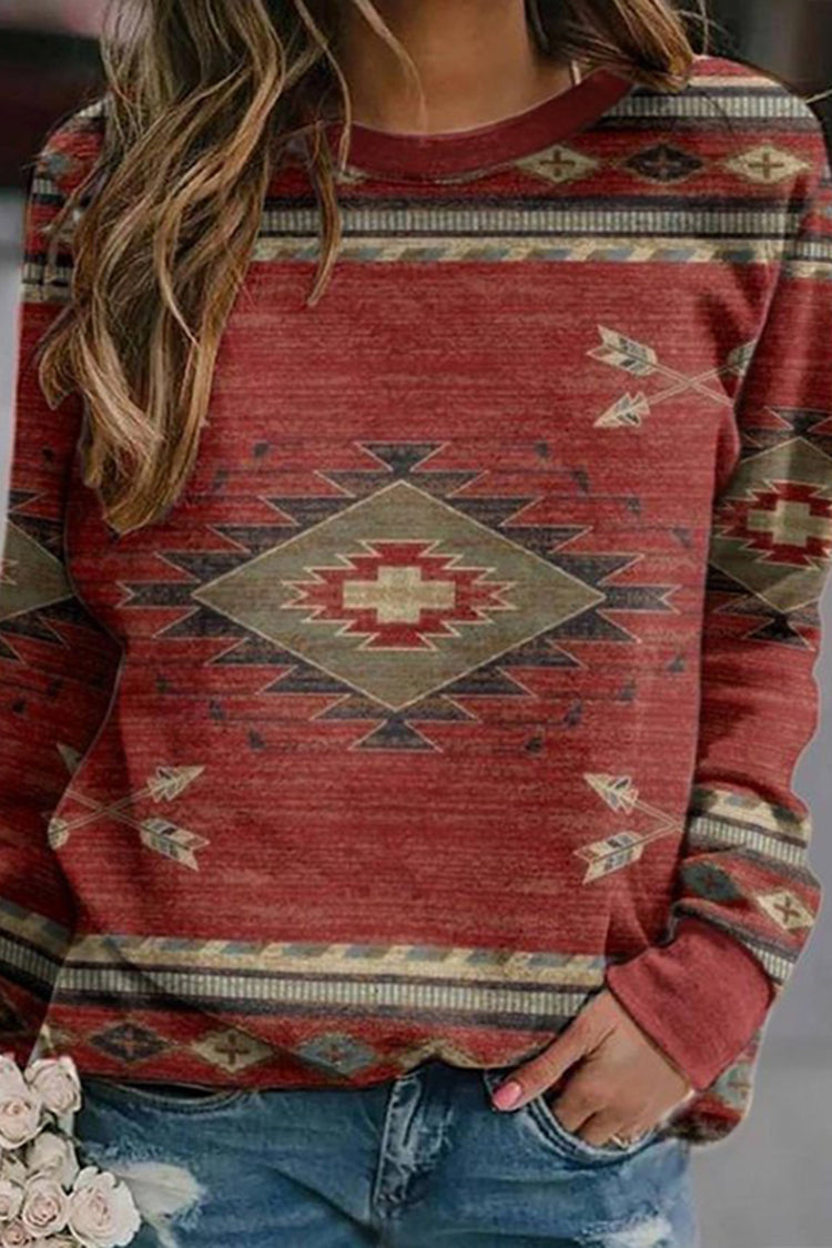 Western Print Crew Neck Long Sleeve Sweatshirt