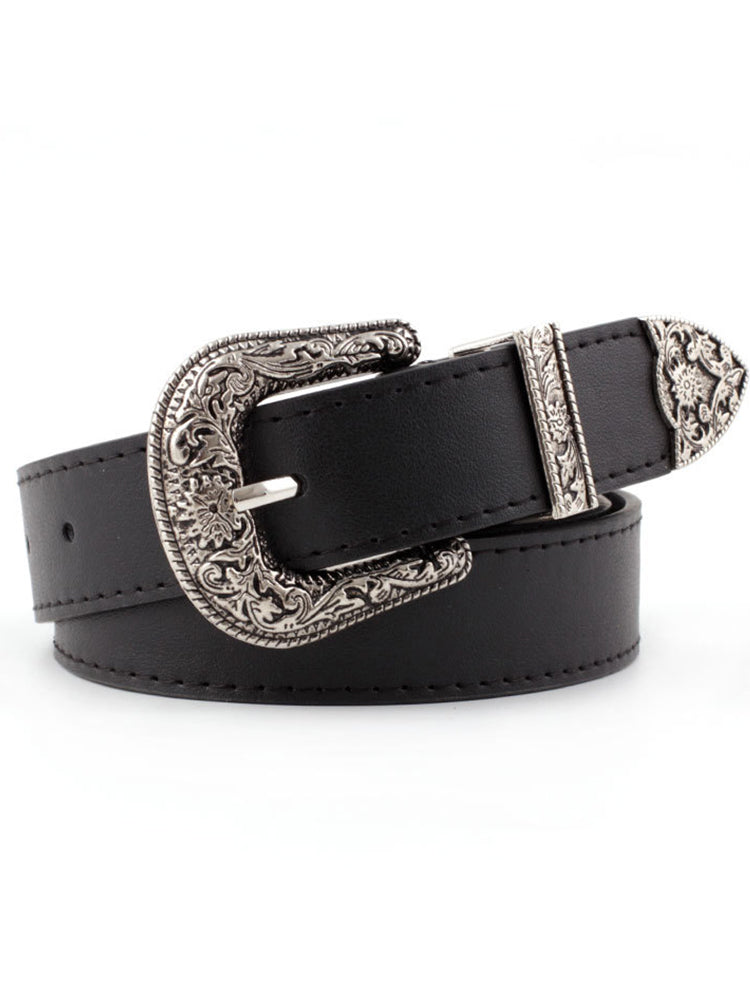 Wisherryy Western Vintage Carved Buckle Basic Belt