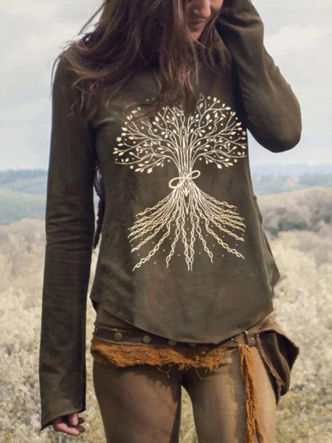 Women's tie-dye retro long-sleeved round neck print T-shirt.