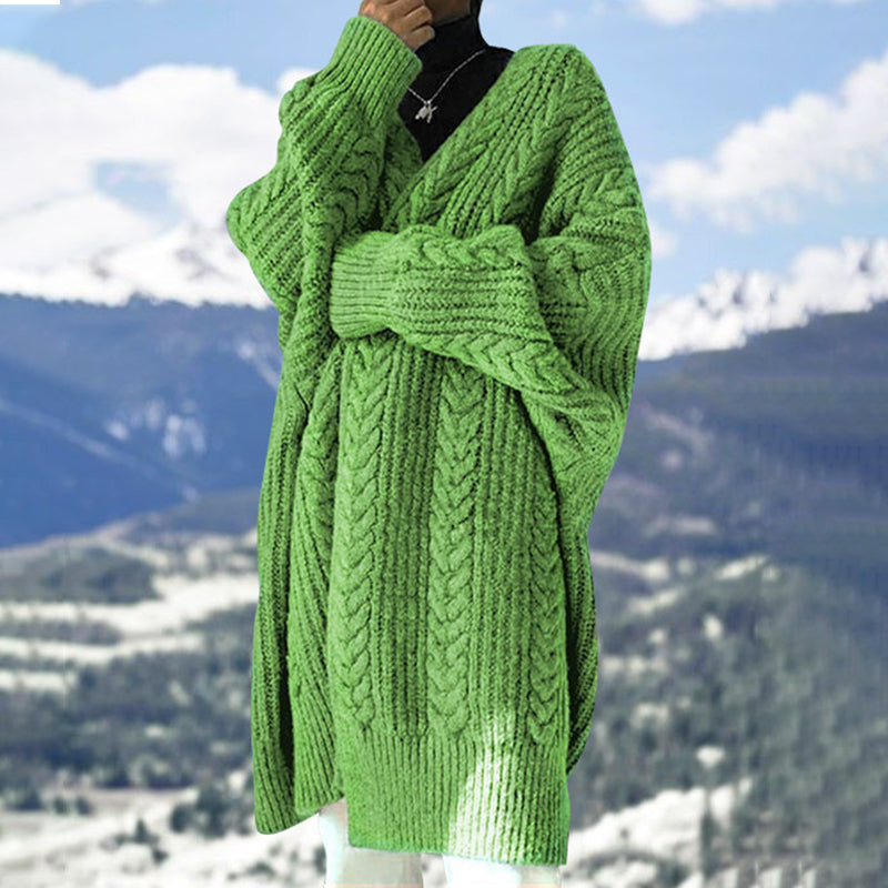 V-Neck Solid Color Mid-Length Sweater Cardigan