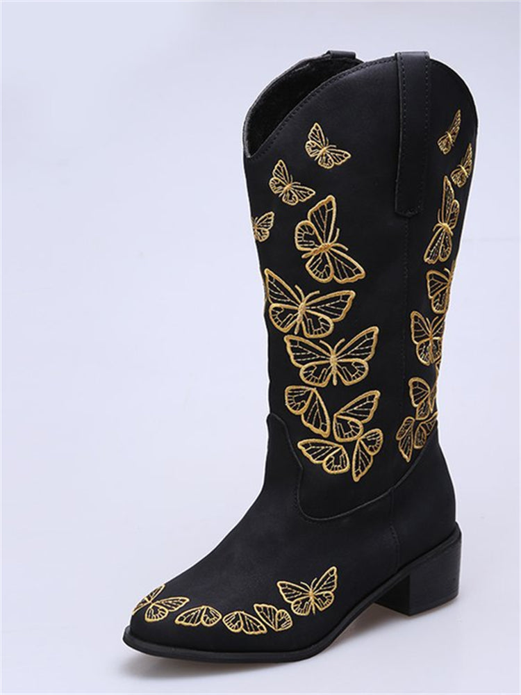Butterflies Embroidered Wide Calf Boots