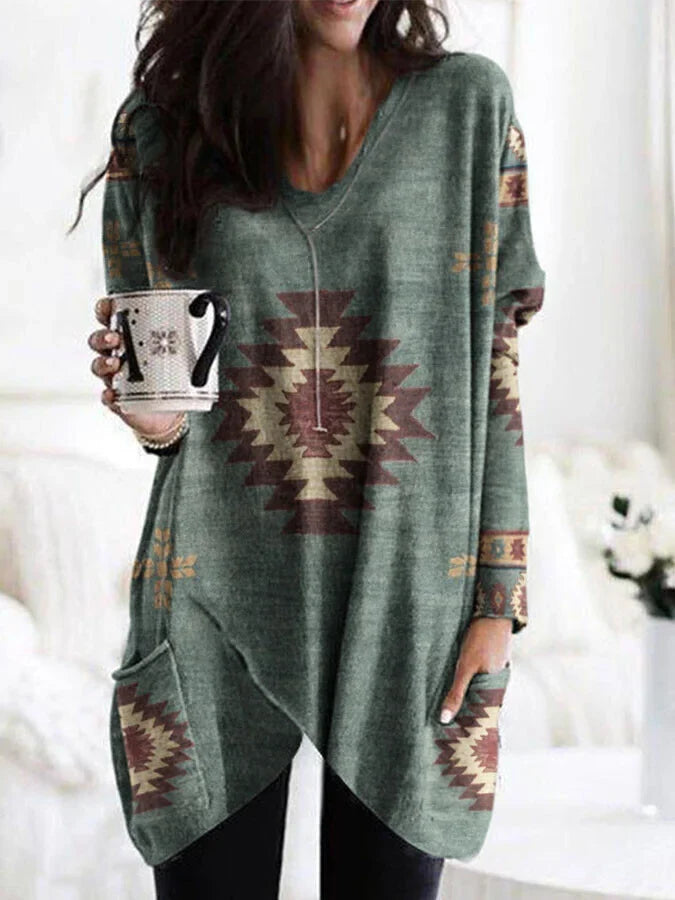 Ethnic Geometric Print Irregular Top.
