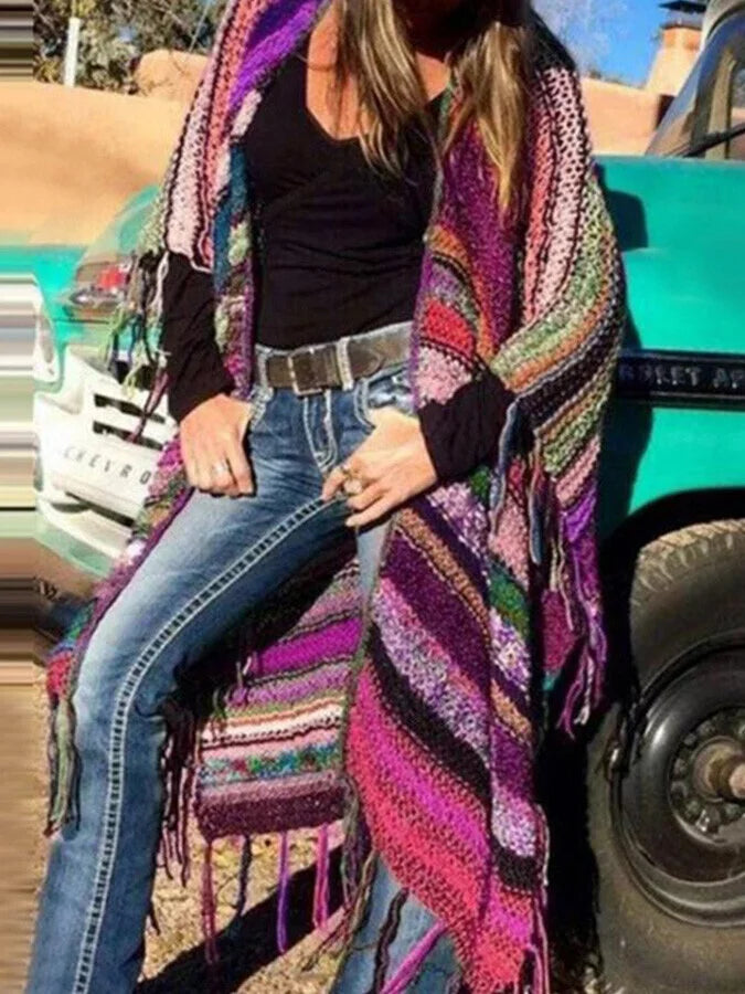 Printed Tassel Cardigan Shawl.