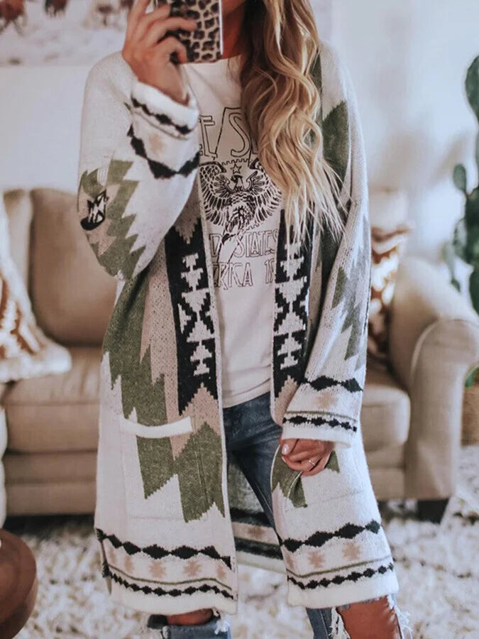 Mid-Length Jacquard Sweater Cardigan.