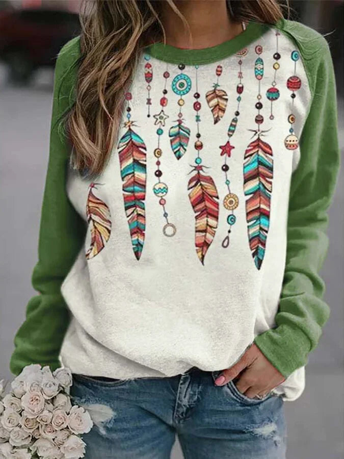 Women's ethnic feather print sweatshirt.