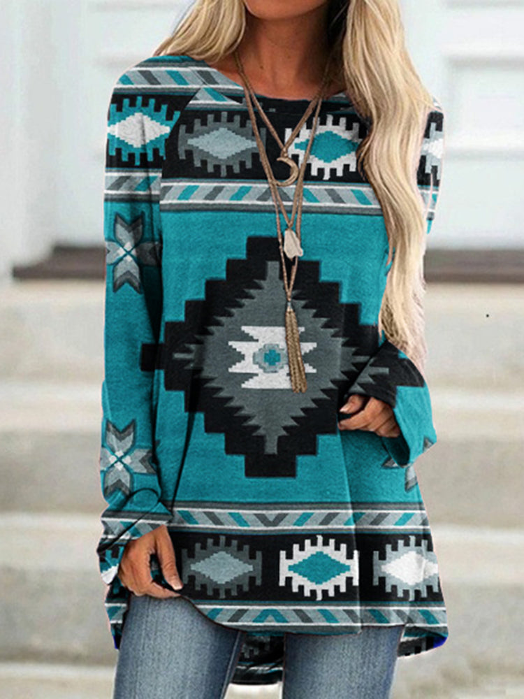 Vintage Western Print Long Sleeve Casual Tunic