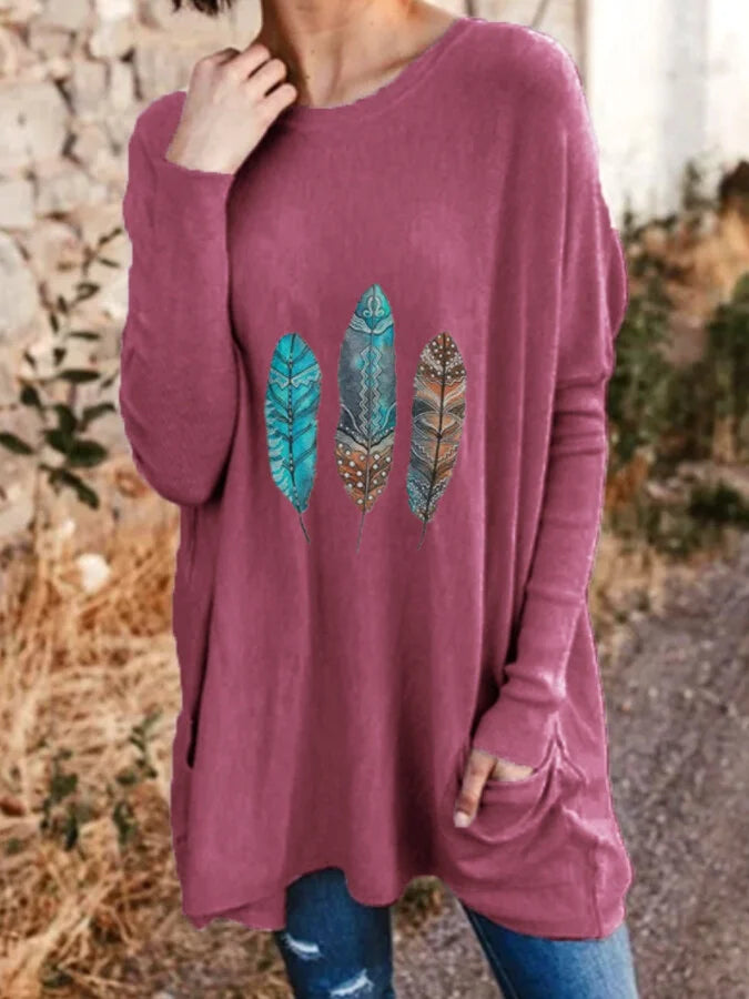 Women's Aztec Feather Casual Long-Sleeved T-Shirt.